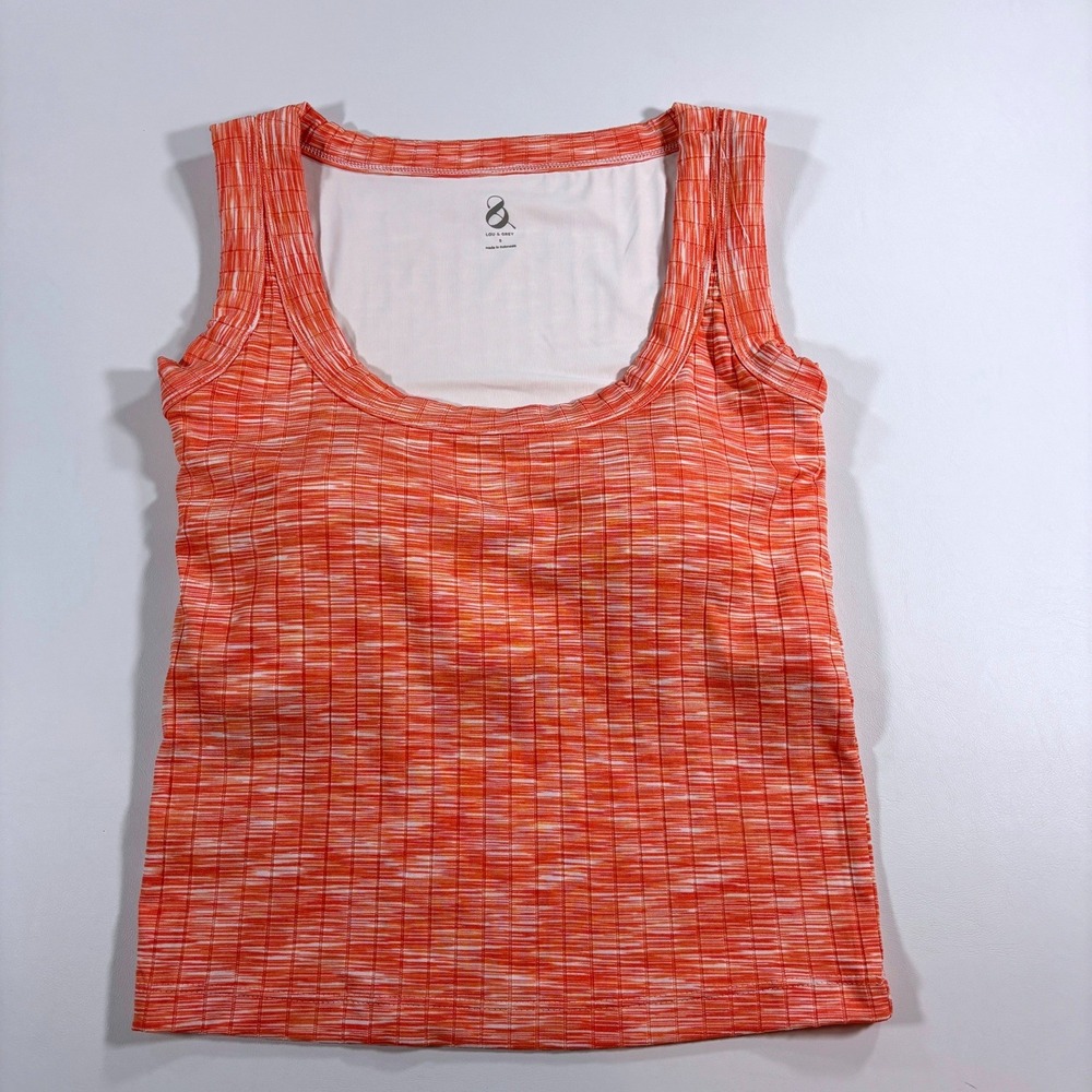 Lou & Grey Tank Top Ribbed Space Dye Built-in Bra Orange White Women's S NEW